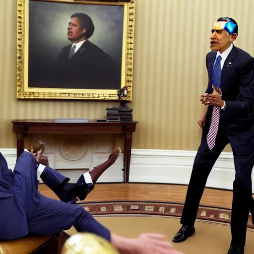 Prompt: photo of president obama in the oval office fighting a man dressed in a swiss cheese costume
