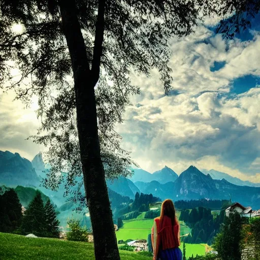 Image similar to a beautiful photograph of a girl with switzerland landscape in the background with trees, hdr, 8 k, high quality, sharp focus, artstation, highly detailed, award - winning, dramatic lighting, beautiful clouds, and nature