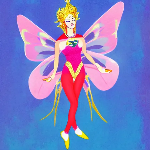 Prompt: dakini as a modern fairy wearing a pink outfit, flying in the style of superman alongside penguins.