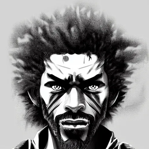 Image similar to creative illustration photo realistic intense lighting afro samurai portrait