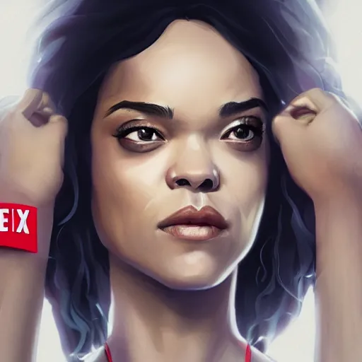 Image similar to tessa thompson portrait, arcane netflix, arcane vi, arcane jinx, concept portrait, riot, acrace catoon, detailed expression, high quality, cinematic lighting, fantasy, reflective, spotlight, digital artwork