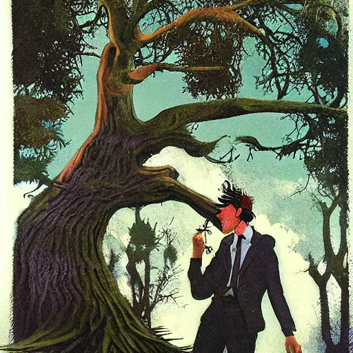 Prompt: tree with human face smoking a cigarette, high detail, fantasy illustration by angus mcbride