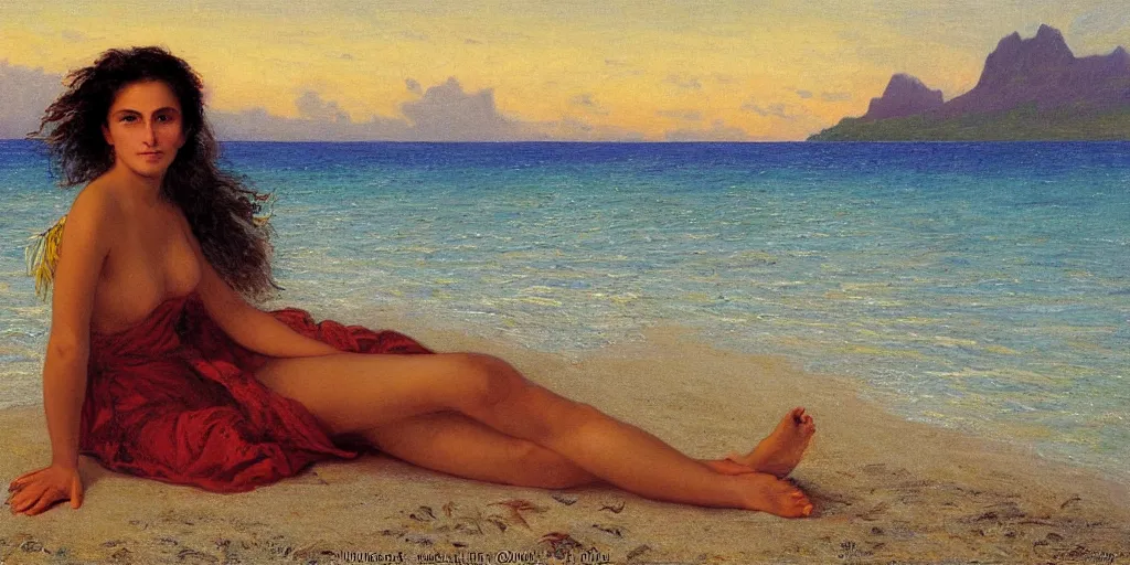 Image similar to portrait of French female model Myrtille Revemont on the beach in Moorea, ((on a breezy afternoon)), at the sunset, very detailed, smooth, art by William Buguereau