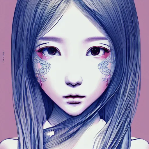 Image similar to the head of an incredibly cute and elegant korean girl partially made of carrots and blueberries looking up, an ultrafine detailed illustration by james jean, final fantasy, intricate linework, bright colors, behance contest winner, vanitas, angular, altermodern, unreal engine 5 highly rendered, global illumination, radiant light, detailed and intricate environment