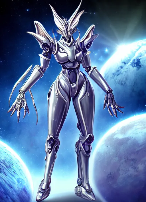 Image similar to goddess shot, galactic sized stunning beautiful anthropomorphic robot mecha female dragon, in space, larger than planets, posing elegantly, with earth in clawed hands, detailed silver armor, epic proportions, epic scale, ultra detailed digital art, furry art, macro art, dragon art, giantess art, warframe fanart, furaffinity, deviantart, realistic