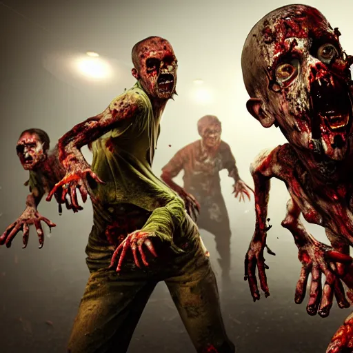 Image similar to a group of zombies coming towards the camera, highly detailed, photorealistic portrait, bright studio setting, studio lighting, crisp quality and light reflections, unreal engine 5 quality render