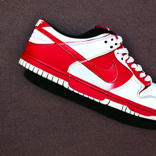 Image similar to a press photograph of nike dunk low red and white, size 1 0, white background