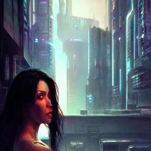 Image similar to portrait of a young beautiful cyberpunk woman, mirror eye implants, black hair in a rough shag, sunset, neuromancer, cyberpunk city background, megacity, gorgeous view, depth, painted by seb mckinnon, high detail, digital art, painted by greg rutkowski, trending on artstation