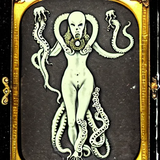 Prompt: daguerreotype of a cthulhu priestess adorned in occult jewelery with tentacle hair. emerging walking out of a baroque frame.