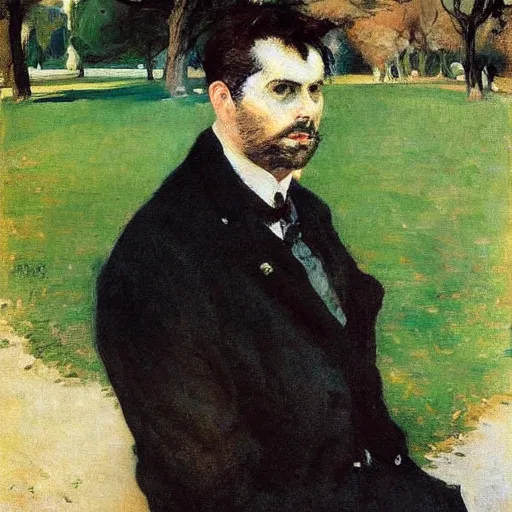 Prompt: self - portrait in the park ; giovanni boldini ; impressionism ; 1 9 2 1