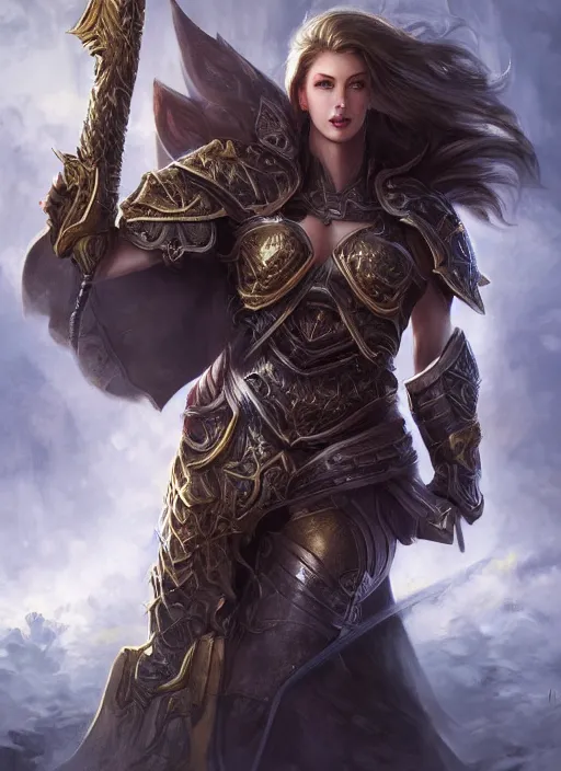 Image similar to a strong female paladin, full body, 8 k, hyperrealistic, hyperdetailed, fantasy portrait by laura sava