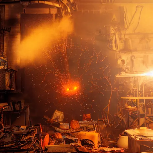 Prompt: pocket calculator, tangles of metallic cables, dark messy smoke - filled cluttered workshop, dark, dramatic lighting, orange tint, sparks, plasma charges, cinematic, highly detailed, sci - fi, futuristic, movie still