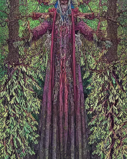 Prompt: A portrait of the god of trees, vibrant, intricate details, cloak, skeleton, robe, floral, overgrown, ancient, ruins, atmospheric, by Moebius