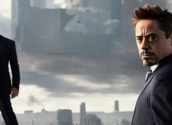 Image similar to film still of Robert Downey Jr as Cobb with the world bending in the background in Inception, 4k