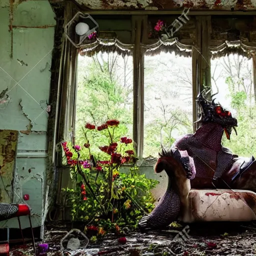 Image similar to big depressed dragon sitting on the chair in the abandoned house with a lot of flowers s- 1839300351