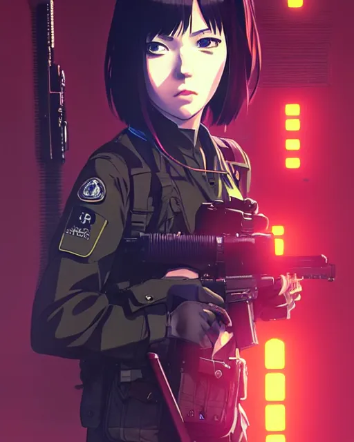 Image similar to girl wearing tactical gear, very anime, fine - face, audrey plaza, realistic shaded perfect face, fine details. anime. realistic shaded lighting poster by ilya kuvshinov katsuhiro otomo ghost - in - the - shell, magali villeneuve, artgerm, jeremy lipkin and michael garmash and rob rey