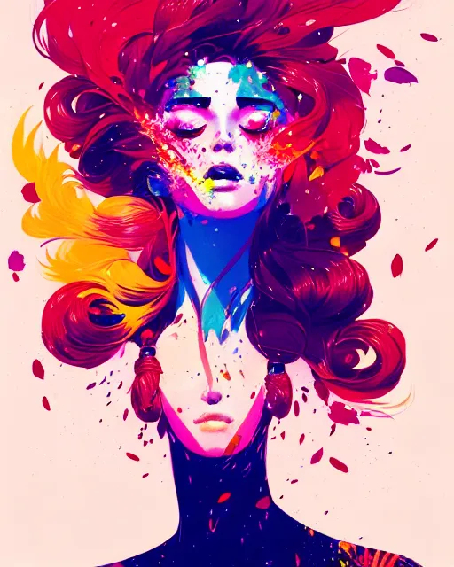 Image similar to a ultradetailed beautiful panting of a woman with a colorful explosion coming out of her hair, by conrad roset, greg rutkowski and makoto shinkai, trending on artstation