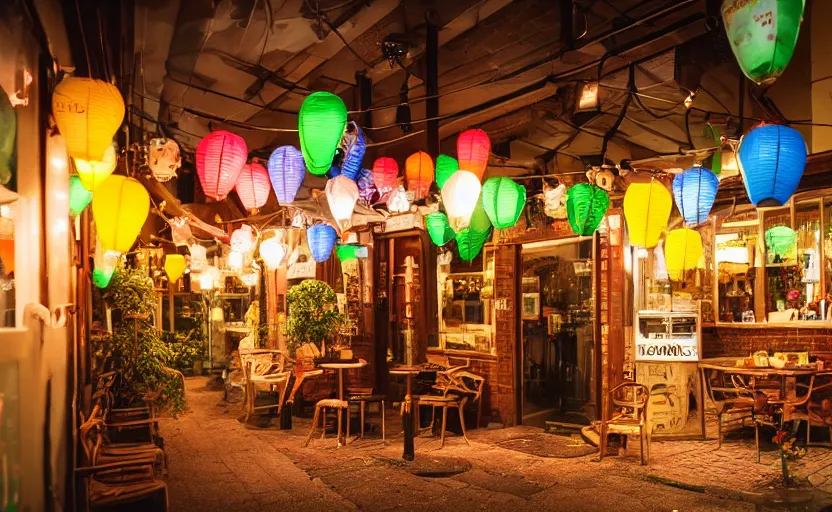 Prompt: miniature cafe diorama macro photography, cafe for mice, alleyway, ambient, atmospheric, british, bokeh, romantic, colorful paper lanterns