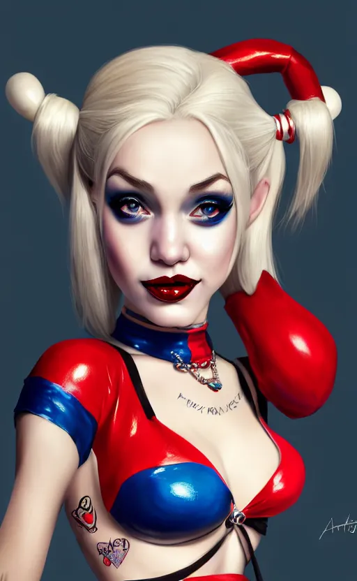 Image similar to a pin up and beautiful fashion charming dreamlke harley quinn with lv jewelry, character art, art by artgerm lau and wlop and and ilya kuvshinov and john singer sargent, hyperdetailed, 8 k realistic, symmetrical, frostbite 3 engine, cryengine, dof, trending on artstation, digital art