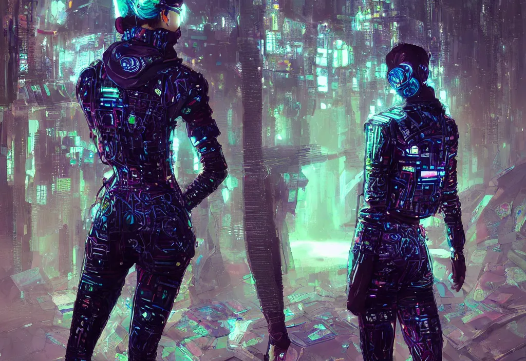 Image similar to skill magic deepdream guard girl cyberpunk futuristic, reflective puffer jacket, black leggings from the back radiating a glowing aura by ismail inceoglu dragan bibin hans thoma, perfect face, fine details, realistic shaded, fine - face, pretty face