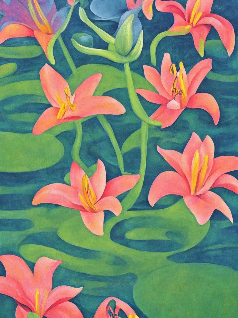 Image similar to an abstract painting of lilies in a pond by georgia o'keeffe,