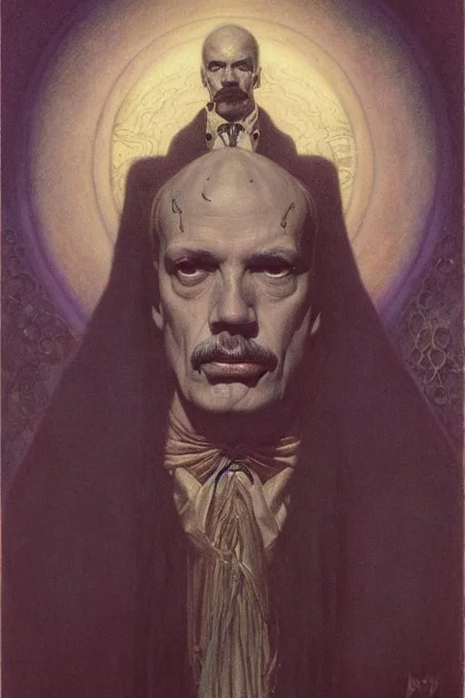 Image similar to occult art portrait of john whiteside parsons by wayne barlowe, gustav moreau, goward,  Gaston Bussiere and roberto ferri, santiago caruso, and austin osman spare