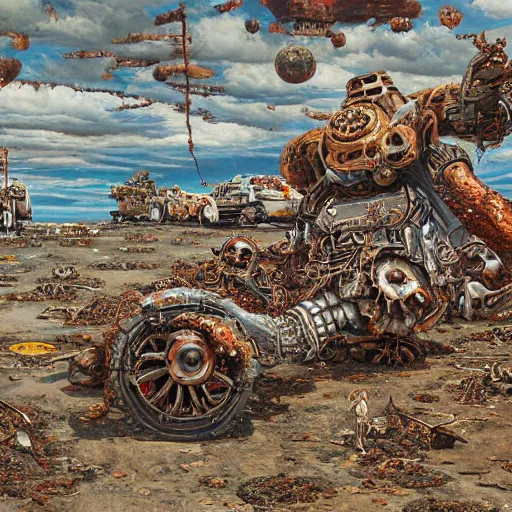 Prompt: oil painting nightmare macerated vehicles used for future military rusted demon barbed footprints treads hooped around destroyed atomic torn landscape in primoridal slimes dropping into in terrifying necrotized skins, cinematic, fine art, ornate masterpiece, hyper detailed by geof darrow and built by alex nino