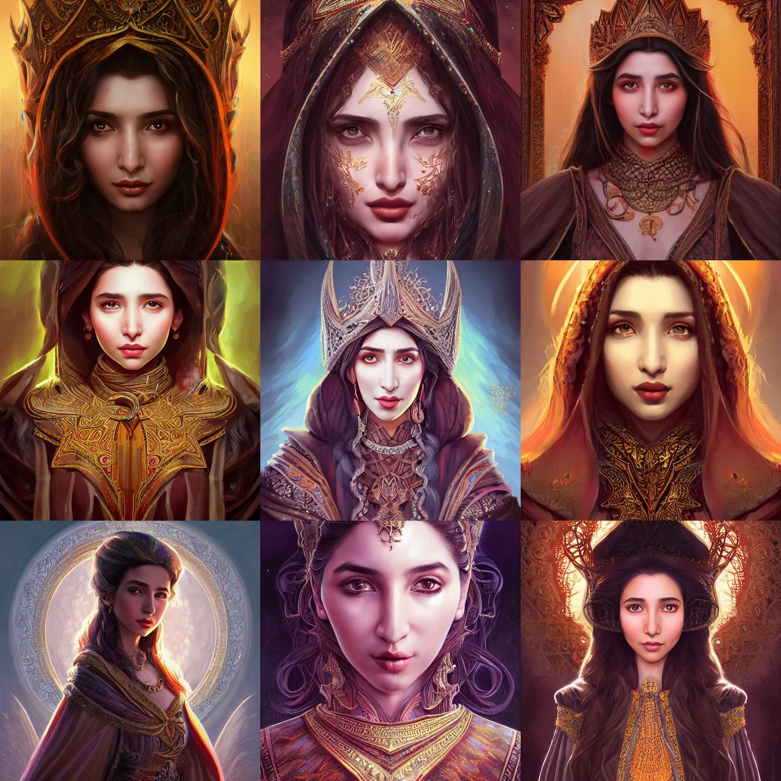 Prompt: head-on centered symmetrical painted portrait, Mahira Khan as a D&D wizard, intricate fantasy robes, fantasy, intricate, elegant, highly detailed, digital painting, smooth, sharp focus, illustration, artstation, in the style of Artgerm and Anna Podedworna and Alex Ross