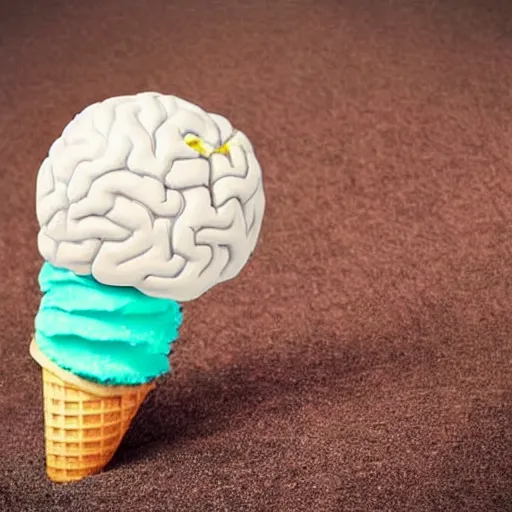 Prompt: a detailed photograph of brain-flavored ice cream. A levitating ice cream cone with a brain instead of ice cream.