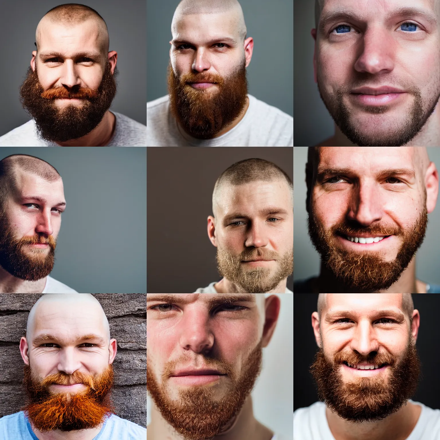 Prompt: close-up portrait of a white man late-twenties with a shaved head. Short orange beard. Squinty eyes