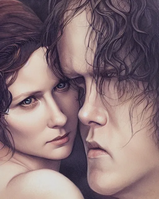Image similar to in the style of joshua middleton, artgerm, scene from jamie and claire outlander, detailed realisitc eyes, detailed realistic eyes, detailed and intricate