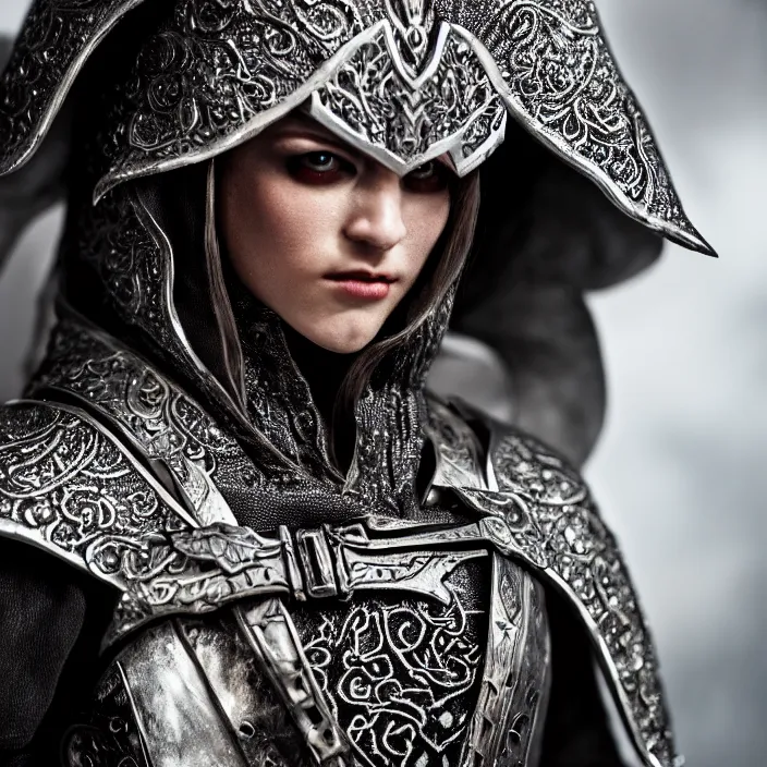 Image similar to photograph of a real-life beautiful rogue with ornate silver cloak. Extremely detailed. 8k