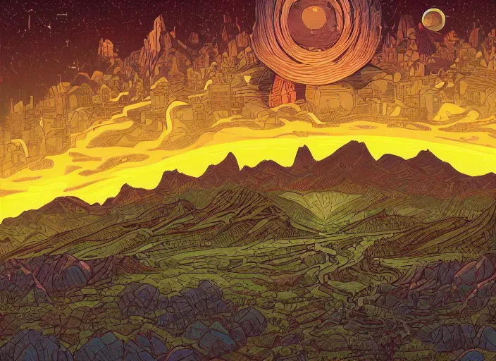 Image similar to The first day of the earth by Dan Mumford, detailed illustration, trending on Artstation