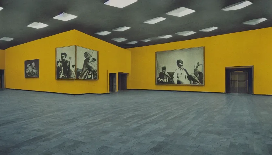 Image similar to 60s movie still of a sovietic stalinist style empty art museum with a soviet congress with yellow wall, technicolor, liminal Space style, heavy grain