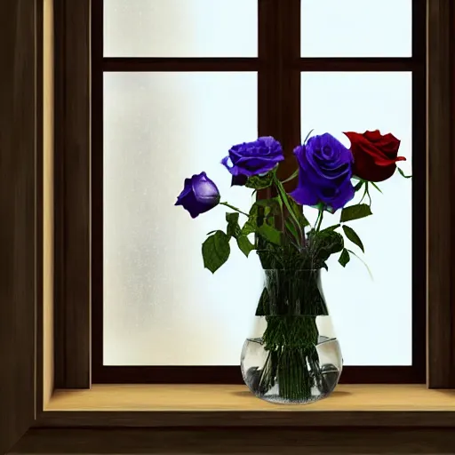 Image similar to The image would feature a windowsill with two vases. One vase containing a red rose. And the other vase containing a blue violet. The natural light from the window would be shining in on the scene. Trending on artstation