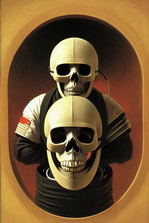 Image similar to portrait of a skull astronaut in samurai helmets an ancient human species, single person, by bouguereau