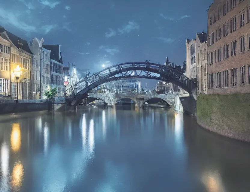 Prompt: close view of a bridge over water in gent belgium at night, peaceful and serene, incredible perspective, soft lighting, anime scenery by makoto shinkai and studio ghibli, very detailed
