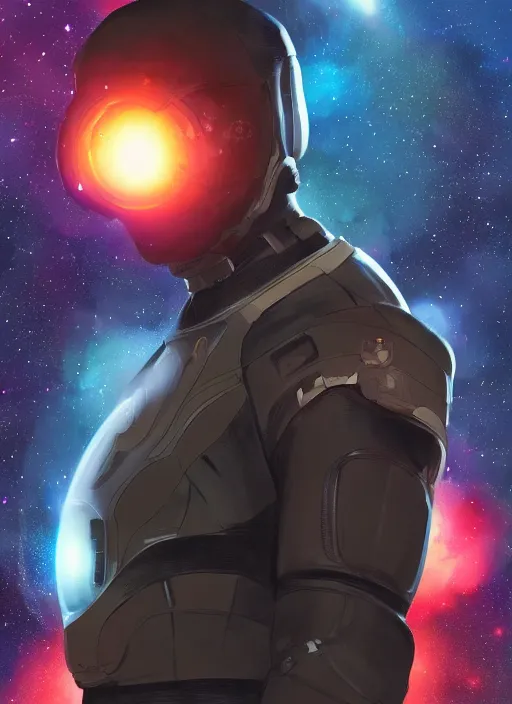 Prompt: cinematic medium shot of handsome black man in an advanced spacesuit in front of exploding nebulae halos, digital illustration trending on artstation by artgerm and rutkowski