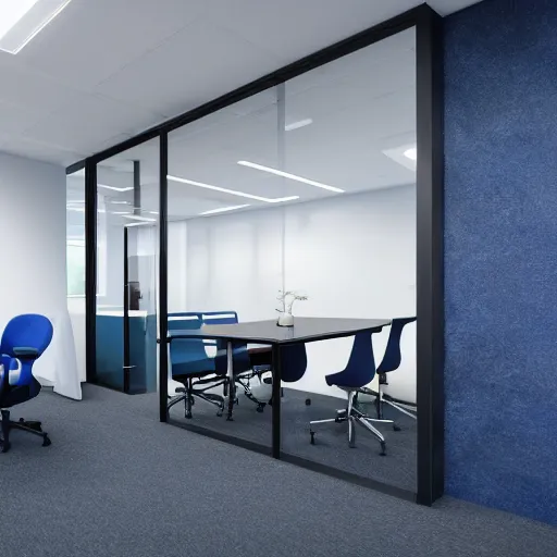 Image similar to interior shooting offices enviroment, open plan, perspective view Minimalist office in Scandinavian style, city, reception, blue color, carpets floor design, steelcase furniture, open area, meeting rooms, minimal, realistic, photo-realistic maximum detail, Archviz, octane render, geometric design, design 8k resolution