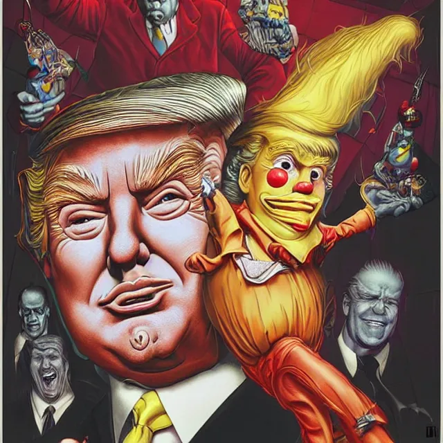 Image similar to donald trump is a disgusting clown, grotesque, horror, high details, intricate details, by vincent di fate, artgerm julie bell beeple, inking, vintage 9 0 s print, screen print