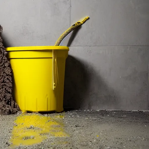 Prompt: slushy made out of grayish brown dirty water, next to a yellow bucket and mop, flash photography