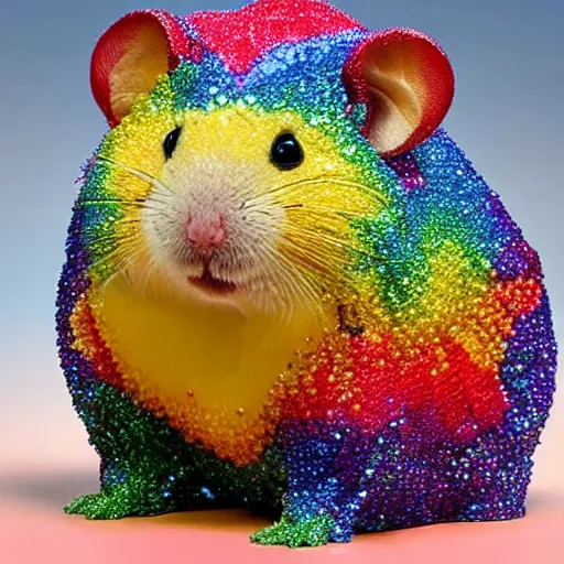 Prompt: rainbow hamster made out of large gems and crystals, 8 k hd
