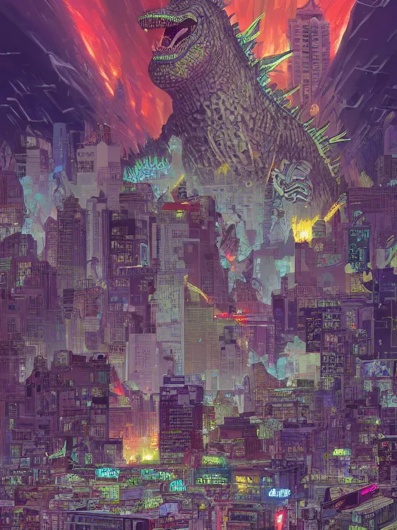 Prompt: a digital art of a Godzilla destroy the cyber city,by Chris Ware,Jane Newland,peter,gric,Peter Mohrbacher,aaron horkey trending on artstation,maximalist,full of color,glittering