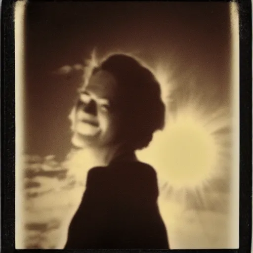 Image similar to an aged polaroid photo of a young woman seen from behind, the sun exploding in the sky, detailed clouds, high contrast, film grain, color bleed
