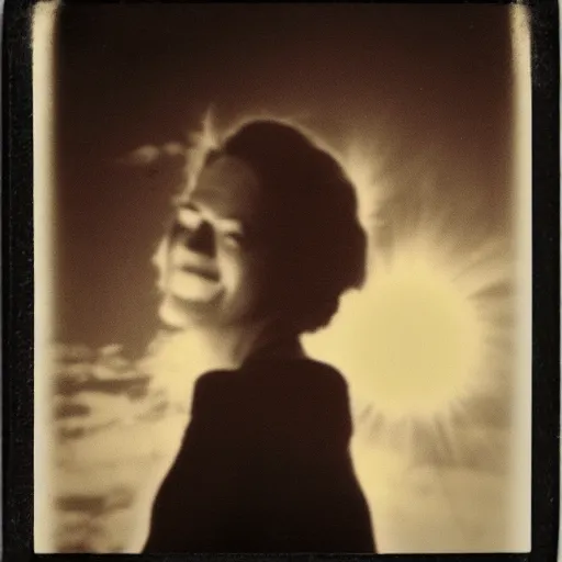 Prompt: an aged polaroid photo of a young woman seen from behind, the sun exploding in the sky, detailed clouds, high contrast, film grain, color bleed