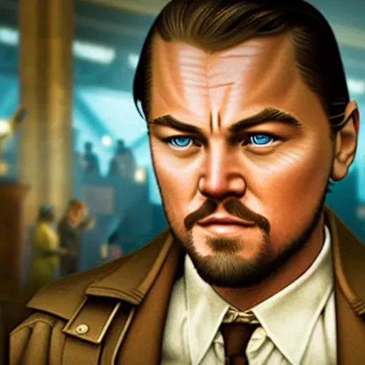 Image similar to cinematic photo of andrew ryan, portrayed by leonardo dicaprio, in a new live - action bioshock movie. the underwater city of rapture is seen shining in the background