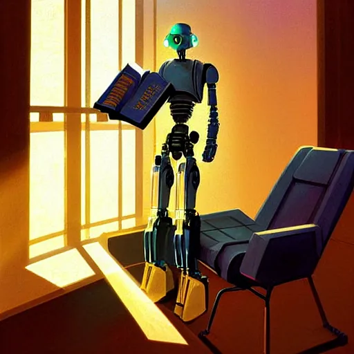 Prompt: digital painting of a droid robot reading a book, concept art, by Ralph mcquarrie, sunlight pouring through window, large scale, high detail, futuristic, godrays, volumetric lighting, warm lighting