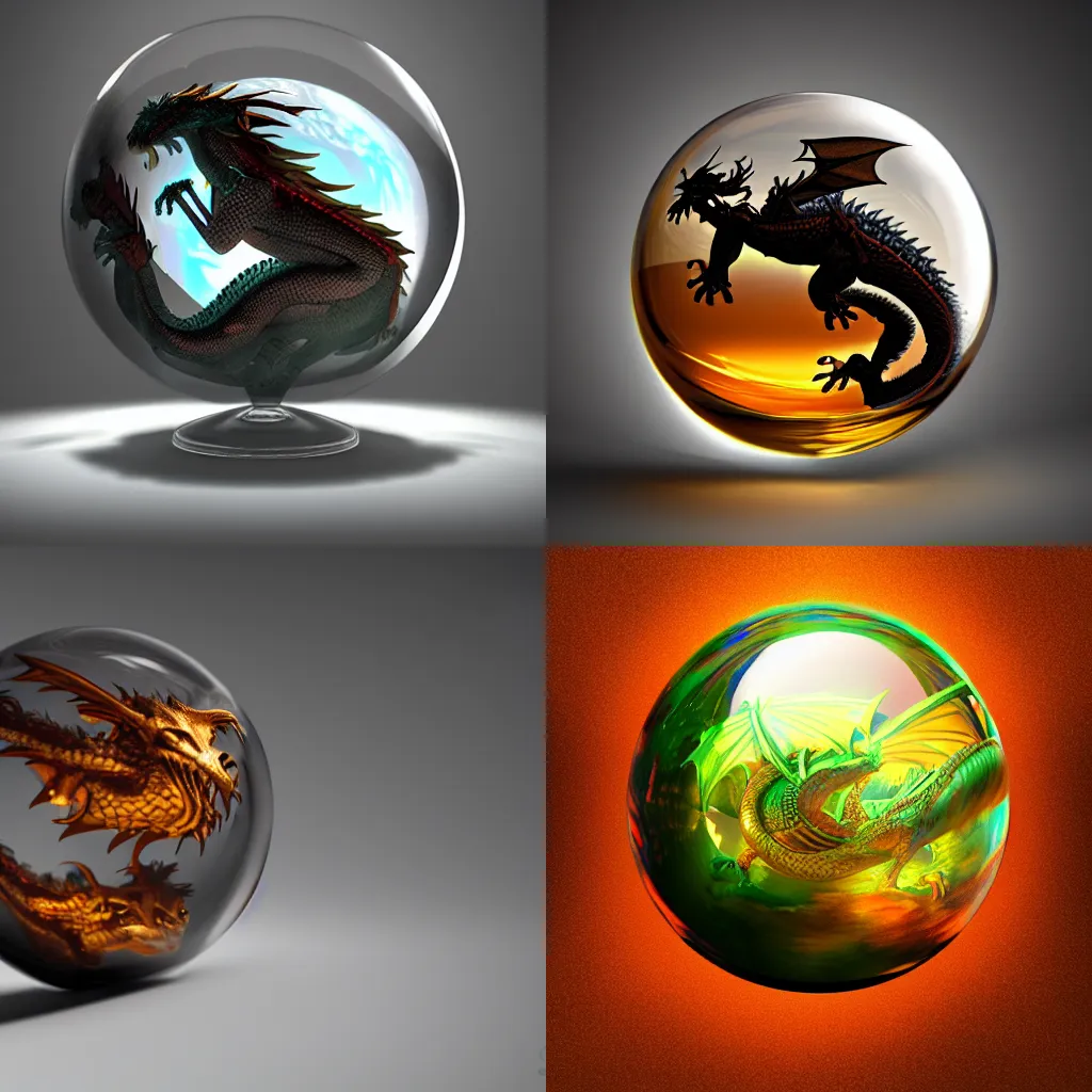 Prompt: a dragon in a glass sphere, octane