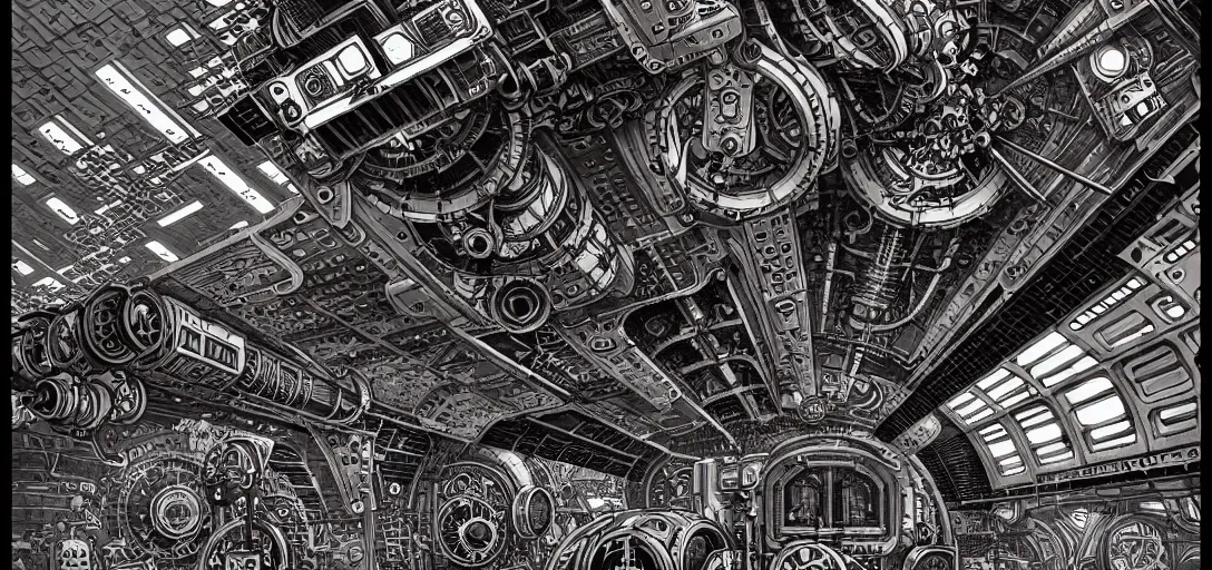 Image similar to steampunk mech tiled floor, one point perspective, high details, line art, by vincent di fate and joe fenton, inking, screen print, masterpiece, trending on artstation, sharp,, hyper - detailed, hd, 4 k, 8 k