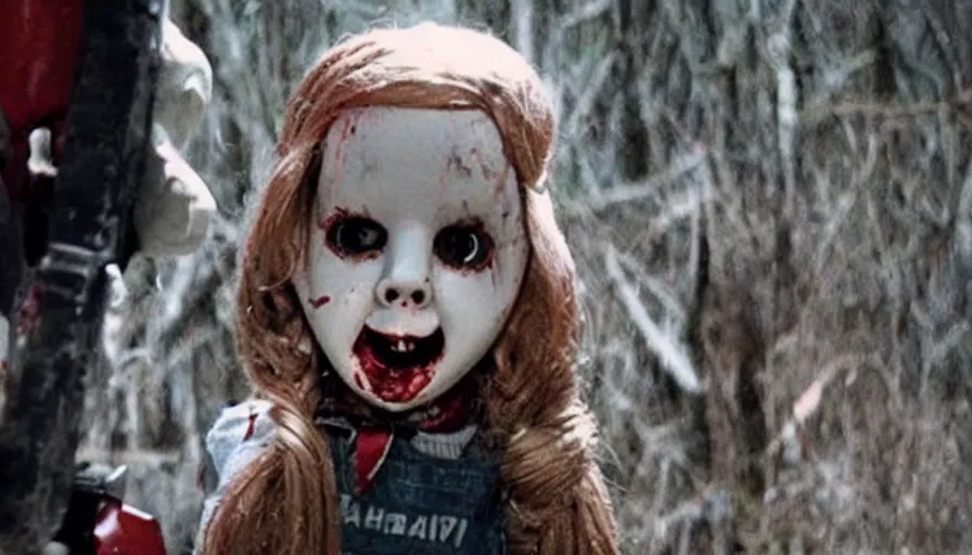 Image similar to big budget horror movie about an evil killer doll with a chainsaw